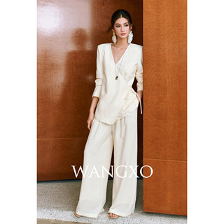 Wangxo｜Textured Rayon Ribbed Satin｜Deconstructed Cross-Neck Tie Waist Top & High-Waisted Wide-Leg Pants