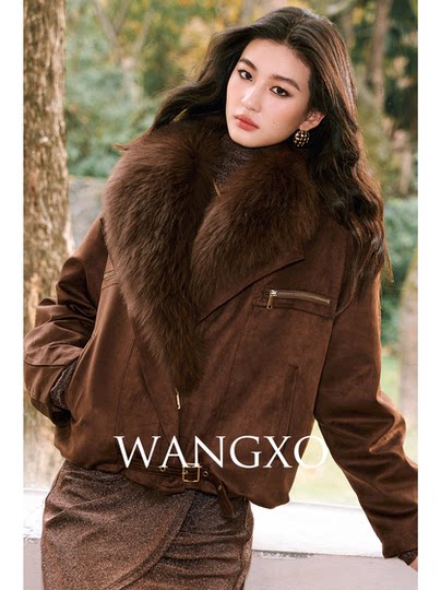 WANGXO｜高品质斜纹麂皮绒｜真狐狸毛大翻领温暖白鹅绒短阔派克服