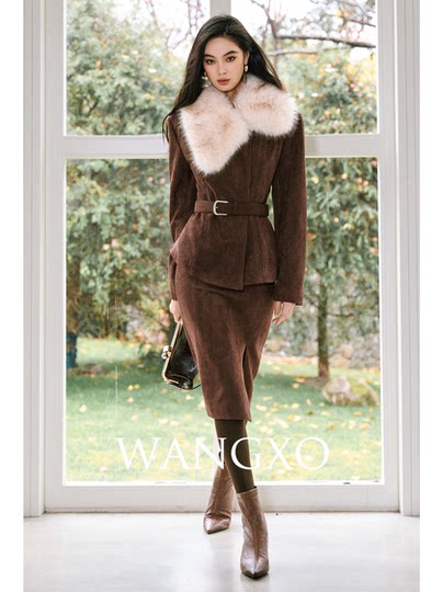 Wangxo｜Vintage Matte Suede Texture｜Dyed Eco-Friendly Fur Collar White Duck down Waist-Cinching down Jacket