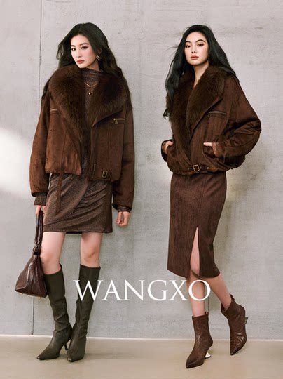 WANGXO｜高品质斜纹麂皮绒｜真狐狸毛大翻领温暖白鹅绒短阔派克服