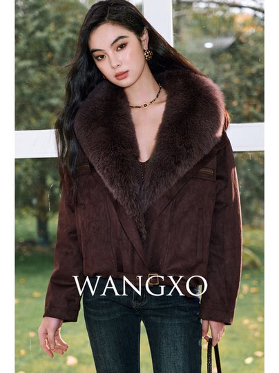 WANGXO｜高品质斜纹麂皮绒｜真狐狸毛大翻领温暖白鹅绒短阔派克服