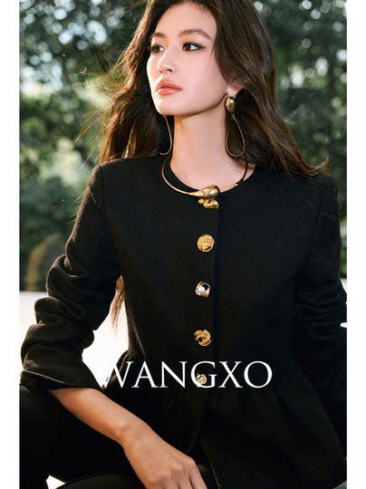 Wangxo｜Premium Custom-Woven Woolen Fabric｜Floral Waist-Cinching Irregular Buttoned Round-Neck Short Coat