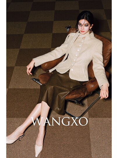Wangxo｜Silk-Like Curly Texture Woolen Fabric｜Warm Ribbon Stand Collar Waist-Cinching Straight Shoulder Elegant Short Coat