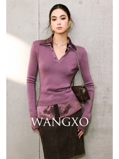 WANGXO｜奢雅密闪弹力针织拼接光泽缎面｜翻V领层次感假两件上衣