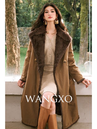 Wangxo｜Heavyweight Full-Length Rabbit Fur & Crisp Cotton Material｜Reversible Large Lapel Long Fur Coat