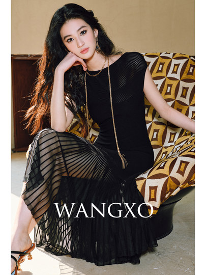 Wangxo｜Custom Woven Ice Silk Organza Splicing｜Light and Flowy｜Shoulder-Covering Slim-Fit Umbrella Skirt Dress