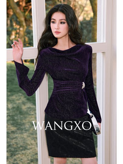 Wangxo[01/20 20:00Pm New Arrival 5% off]Velvet Ruffled Collar Top with Draped Details