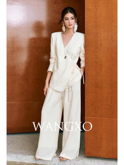 Wangxo｜Textured Rayon Ribbed Satin｜Deconstructed Cross-Neck Tie Waist Top & High-Waisted Wide-Leg Pants