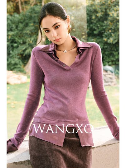 WANGXO｜奢雅密闪弹力针织拼接光泽缎面｜翻V领层次感假两件上衣