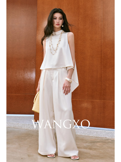 WANGXO｜Шелковистый сатин высокой плотности｜Топ без рукавов А-силуэта и утягивающие плиссированные брюки с широкими штанинами