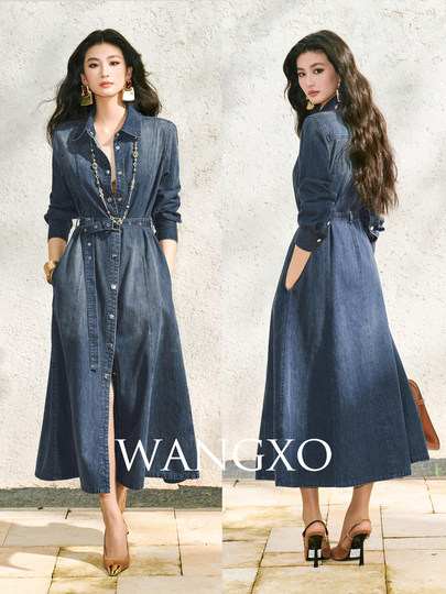 Wangxo｜High-Quality Xinjiang Long-Staple Cotton｜Distressed and Washed｜Belted Denim Flared Shirt Dress
