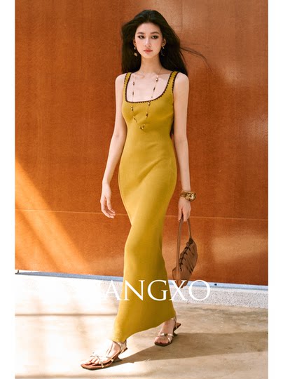 WANGXO high-elastic core-spun yarn pitted texture contrasting shell embroidered square collar slim-fit sleeveless knitted skirt