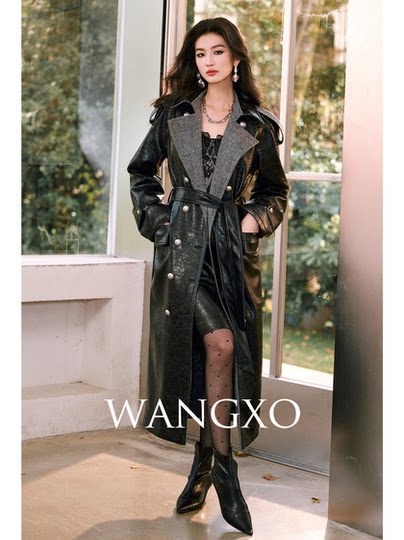 WANGXO Retro cracked environmentally friendly leather and twill wool lapel double-breasted quilted long leather jacket
