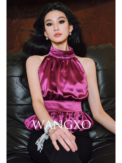 Wangxo｜Luxurious Acetate Satin with a Silky Feel That Penetrates the Skin｜Stand Collar, Cut-Out Shoulders, Romantic Aesthetic, Ruched Waist, Flared Hem Top