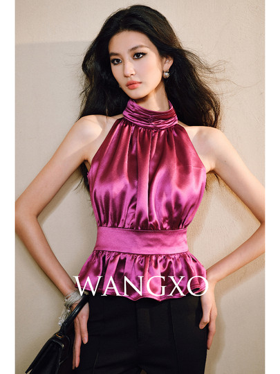 Wangxo｜Luxurious Acetate Satin with a Silky Feel That Penetrates the Skin｜Stand Collar, Cut-Out Shoulders, Romantic Aesthetic, Ruched Waist, Flared Hem Top