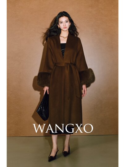 Wangxo｜Luxurious All-Wool Stand-Up Collar｜Fox Fur Cuffs｜Bathrobe-Style Belted Long Double-Sided Wool Coat