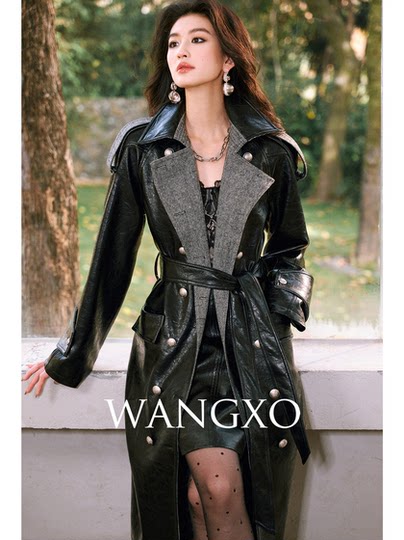 WANGXO Retro cracked environmentally friendly leather and twill wool lapel double-breasted quilted long leather jacket