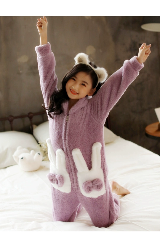 Bộ đồ ngủ trẻ em Siamese Coral Velvet Winter Winter Girl Baby Anti-Kicking Home Service Girls Flannel đồ ngủ bé gái