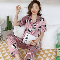 2021 new pajamas womens short-sleeved trousers thin cartoon silk summer summer ice silk homewear suit