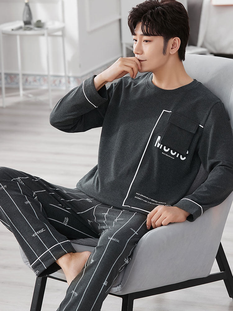 Men's pajamas pure cotton spring and autumn thin long-sleeved cotton teen cartoon cute summer home wear set