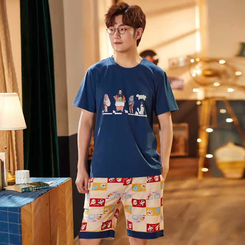 mens mùa hè đồ ngủ hoạt hình bông quần short ngắn tay hoạt hình dễ thương mens học sinh trung học bông quần áo nhà mỏng.