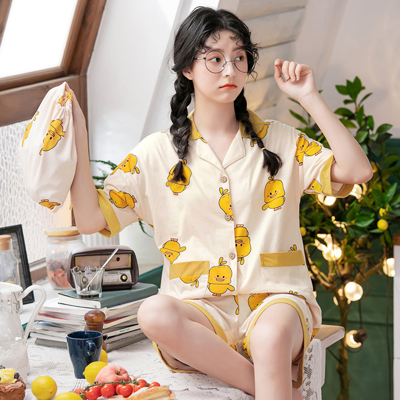 Pajama nữ mùa hè 2020 dễ thương lớn bông Cardigan ngắn tay mùa hè mỏng Womens Trang chủ Suit.