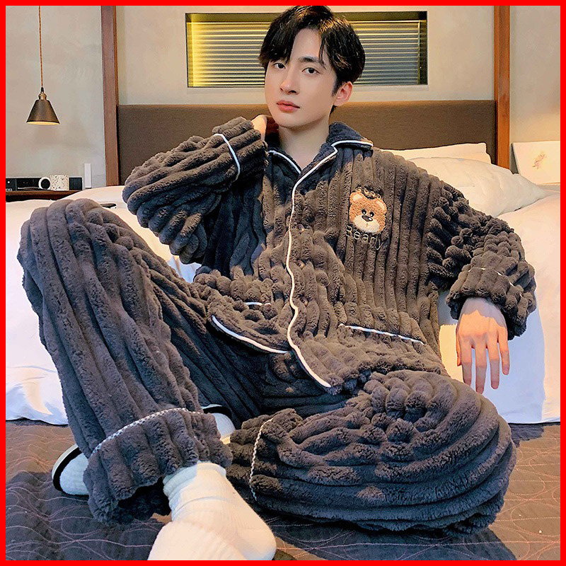 Coral Suede Pajamas Men's Autumn Winter Sky Plus Suede Thickened 2023 New Men's Teen Boys' Home Suits Suit-Taobao