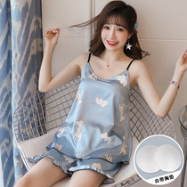 Summer pajamas womens sling shorts Womens two-piece suit thin cartoon cute silk summer ice silk home wear