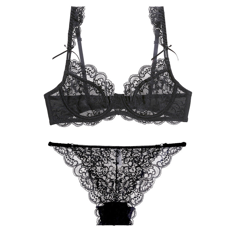 French thin underwear women's large size large chest ultra-thin sexy B cup c cup d cup e cup lace cute suit