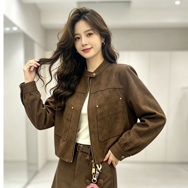 Suede Jacket for Women, Short Style, Petite, Retro, Simple, Versatile, Fashionable Stand-Up Collar Outerwear, Leather-Like Top