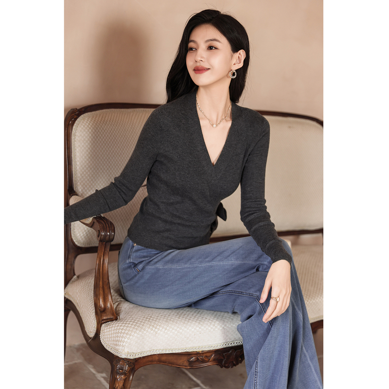 Inzb 2025 Winter New V-Neck Slimming One-Piece Wrap Wool Knit Sweater Women's Top Workwear Sweater