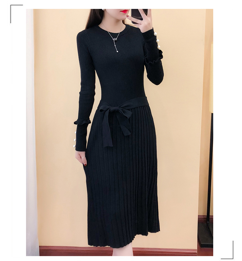 Mùa thu và mùa đông của phụ nữ áo len dài đầm dài tay cổ tròn áo len đáy váy trên đầu gối Hàn Quốc phiên bản của eo xếp li váy chân váy jean