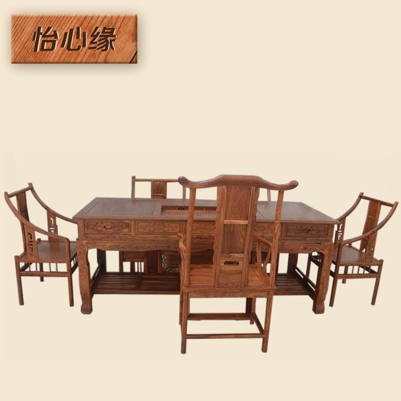 Tea table and chairs combination Gongfu tea table flower pear wood New Chinese style office household red wood bubble tea table tea table Set of tea set