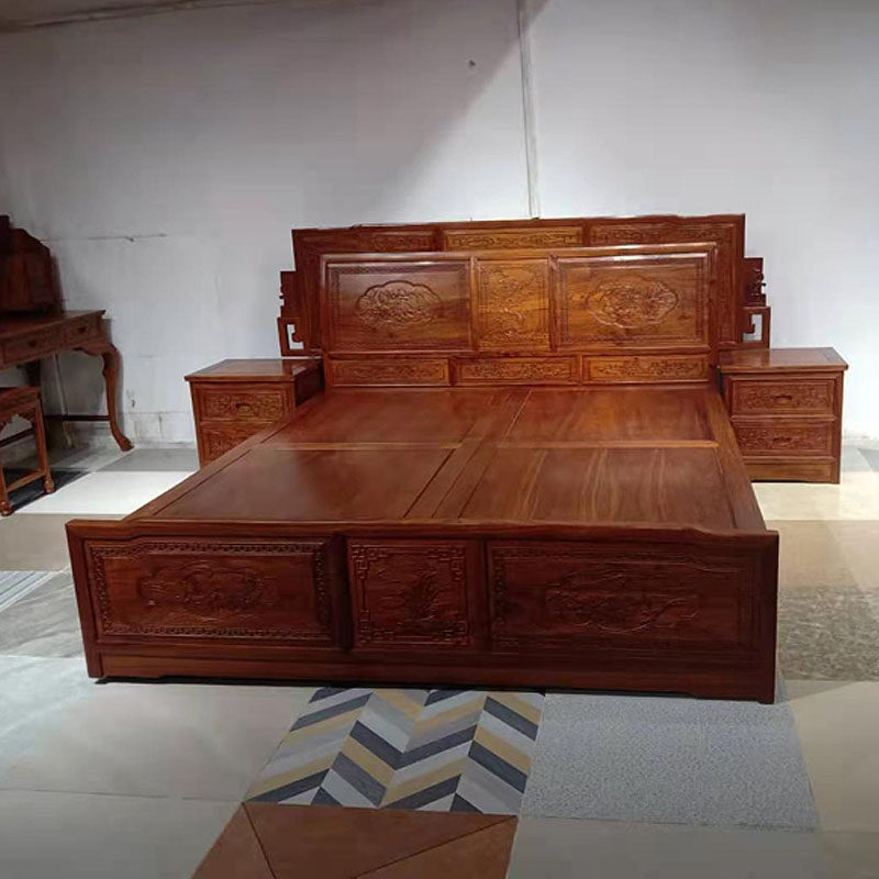 Mahogany furniture plain rich big bed Chinese-style classical rosewood solid wood carved double bed hedgehog red sandalwood wedding bed