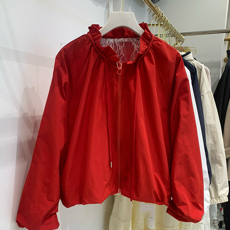 Casual Drawstring Lace Collar Short Jacket for Women, Spring and Summer, Loose Fit, Slimming, Lantern Sleeves, Petite, Thin, Sun-Protective Jacket