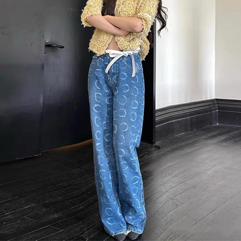 Dph Nice~Stylish and Trendy~Chanel-Style Sequin Straight-Leg Jeans for Women, High-Waisted, Wide-Leg Pants for Spring