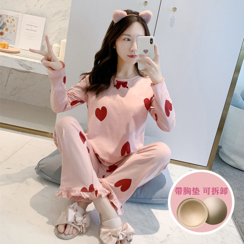 Pajamas girl with breast cushion spring and autumn cotton and Korean version sweet cute leisure girl can wear home suit