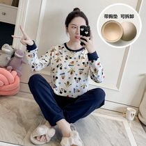 Spring and Autumn Korean version of cotton long sleeve with chest pad pajamas female cartoon Mickey cute casual can wear home suit