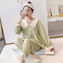 Pure cotton princess pajamas womens long-sleeved spring and autumn loose sweet cute Korean style lace doll collar home service suit
