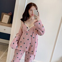 Autumn cotton pajamas womens Japanese style small fragrant style jacket trousers suspenders three-piece long sleeve with chest pad home clothing