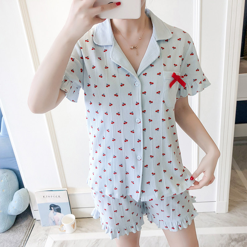 Pure cotton short-sleeved pajamas suit women's summer simple INS wind shirt sweet and cute Korean version Yin Tao girl home service