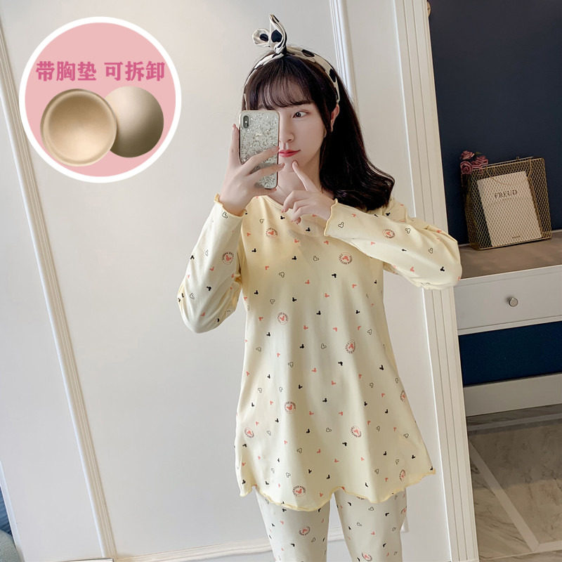 With Chest Cushion Pyjamas Woman Spring Autumn Long Sleeves Thickened Pure Cotton Cute Mickey Student Loose Casual Exterior Wear Home Clothing 