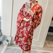 Long sleeve silk Japanese kimono nightgown nightgown pajamas women sweet silk floral satin sexy robe bathrobe home wear