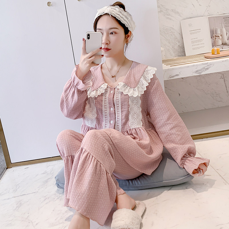 Women's pajamas long-sleeved pure cotton spring and autumn doll collar cute sweet princess wind girl cotton linen loose home service suit