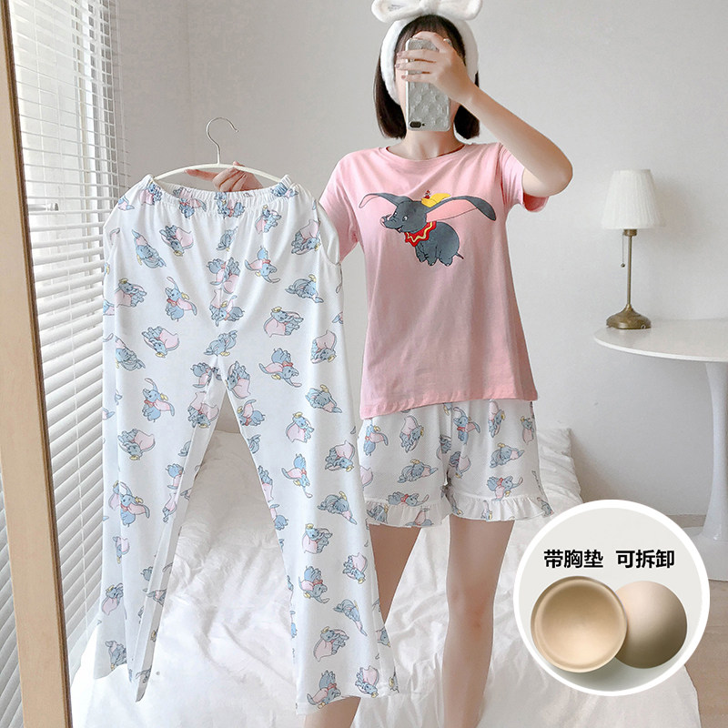 Korean Version Cartoon Small Flying Elephant Pure Cotton Short Sleeves Shorts Pyjamas Pants Sets Women's Summer With Chest Cushion Long Pants Casual Home Wear