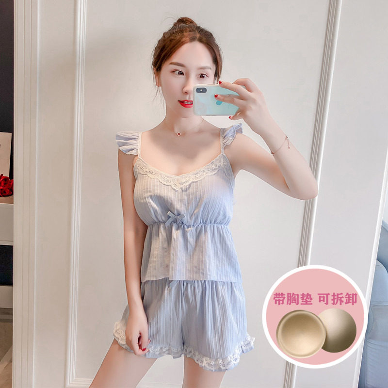 Korean version of cotton cute sweet and sexy pure cotton side suspenders shorts with chest pad women's pajamas set home service summer