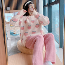 Womens pajamas autumn and winter soft peach cute Korean version can be worn outside students thickened warm coral fleece home clothes
