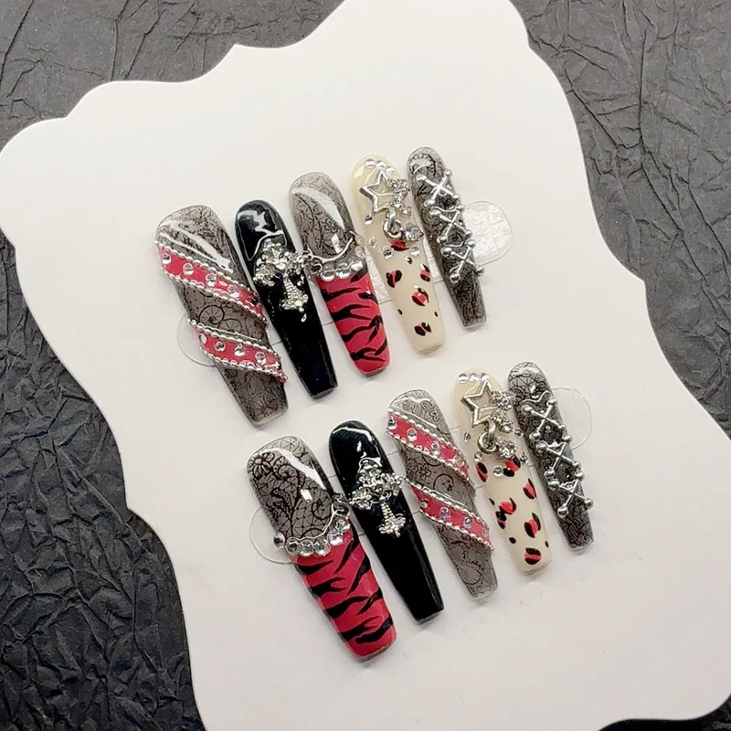 Zebra Pattern Lace Rose Pink Belt Hot Girl Style Zebra Pattern Hand-Painted Hot Girl Handmade Wearable Nail Art