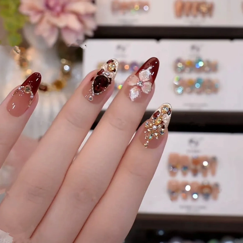 [Red Wine Glass] New Style Handmade Wearable Nails, Red French Zircon Light Therapy, High-End Whitening, Pure Handmade Nail Art