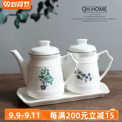 Nordic plant ceramic oil pot oil jar with lid oil bottle kitchen supplies seasoning bottle soy sauce jug oil vinegar jar seasoning bottle set